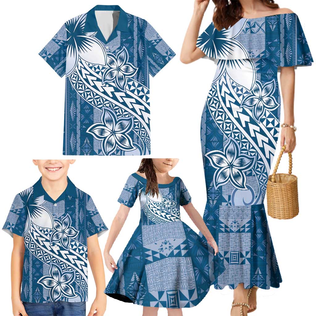 Tonga Kupesi Ngatu Family Matching Mermaid Dress and Hawaiian Shirt Vintage Blue Plumeria LT05 - Polynesian Pride