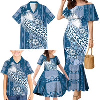 Tonga Kupesi Ngatu Family Matching Mermaid Dress and Hawaiian Shirt Vintage Blue Plumeria LT05 - Polynesian Pride