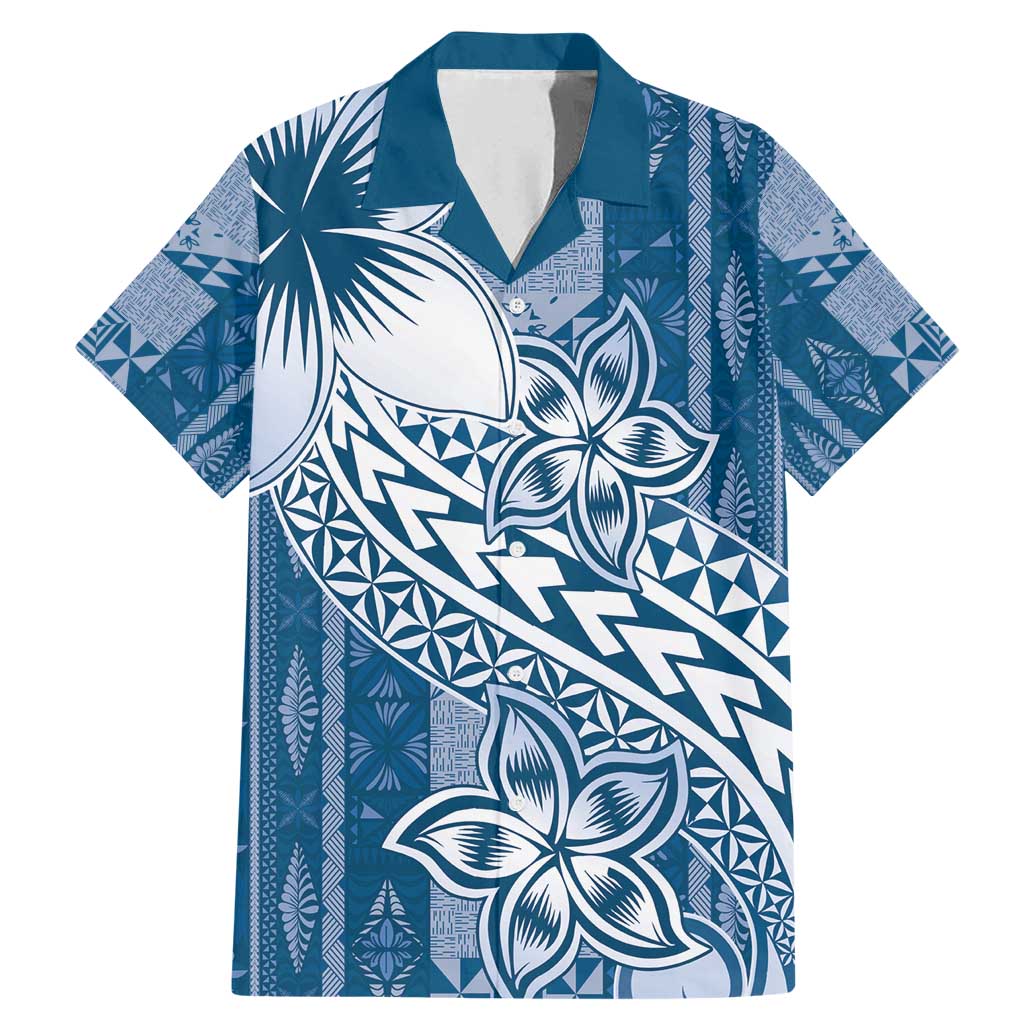 Tonga Kupesi Ngatu Family Matching Mermaid Dress and Hawaiian Shirt Vintage Blue Plumeria LT05 Dad's Shirt - Short Sleeve Blue - Polynesian Pride