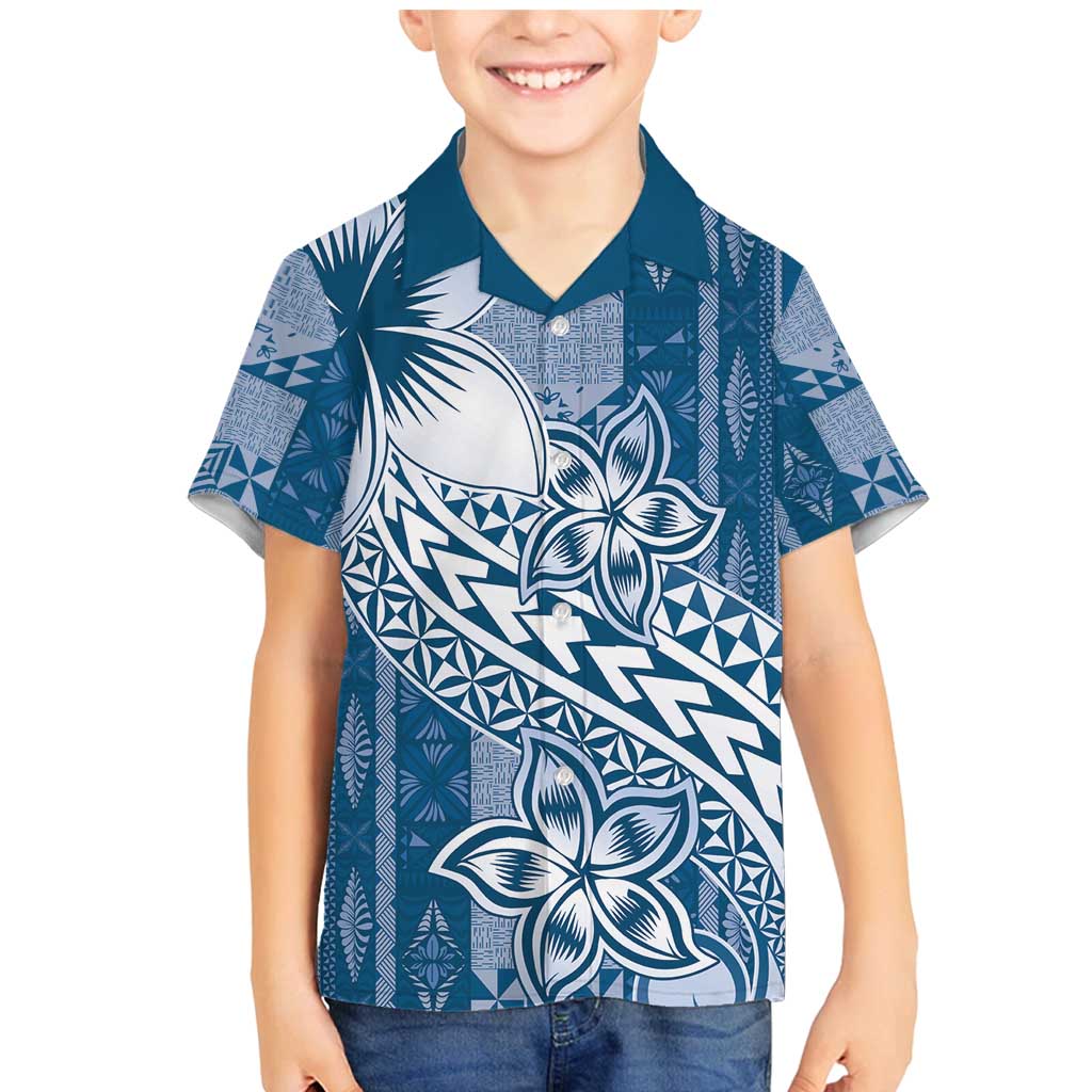 Tonga Kupesi Ngatu Family Matching Mermaid Dress and Hawaiian Shirt Vintage Blue Plumeria LT05 Son's Shirt Blue - Polynesian Pride