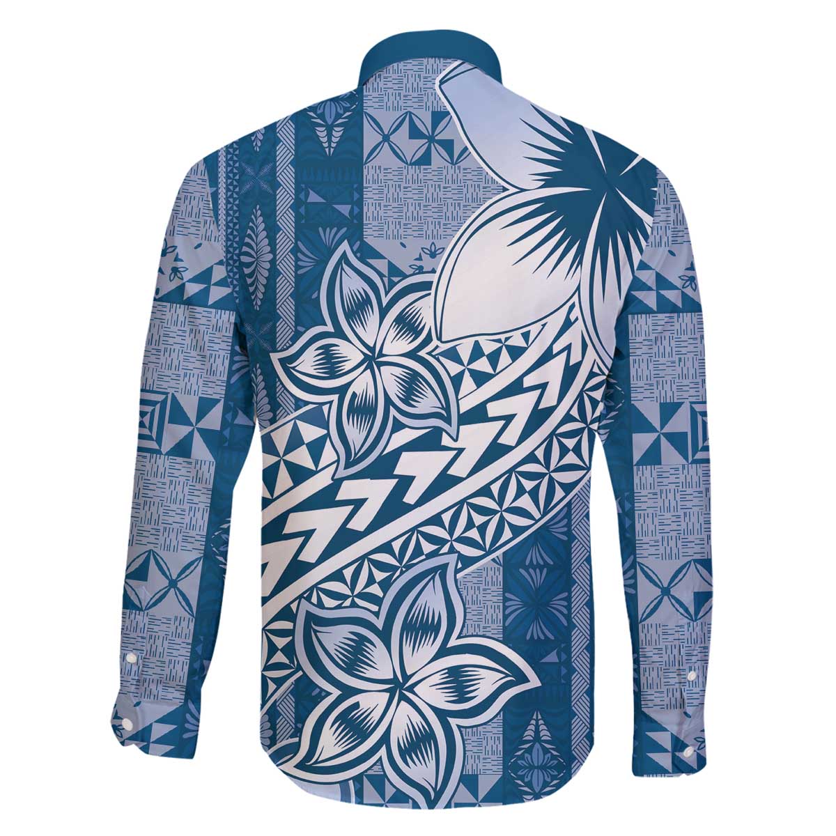 Tonga Kupesi Ngatu Family Matching Off The Shoulder Long Sleeve Dress and Hawaiian Shirt Vintage Blue Plumeria