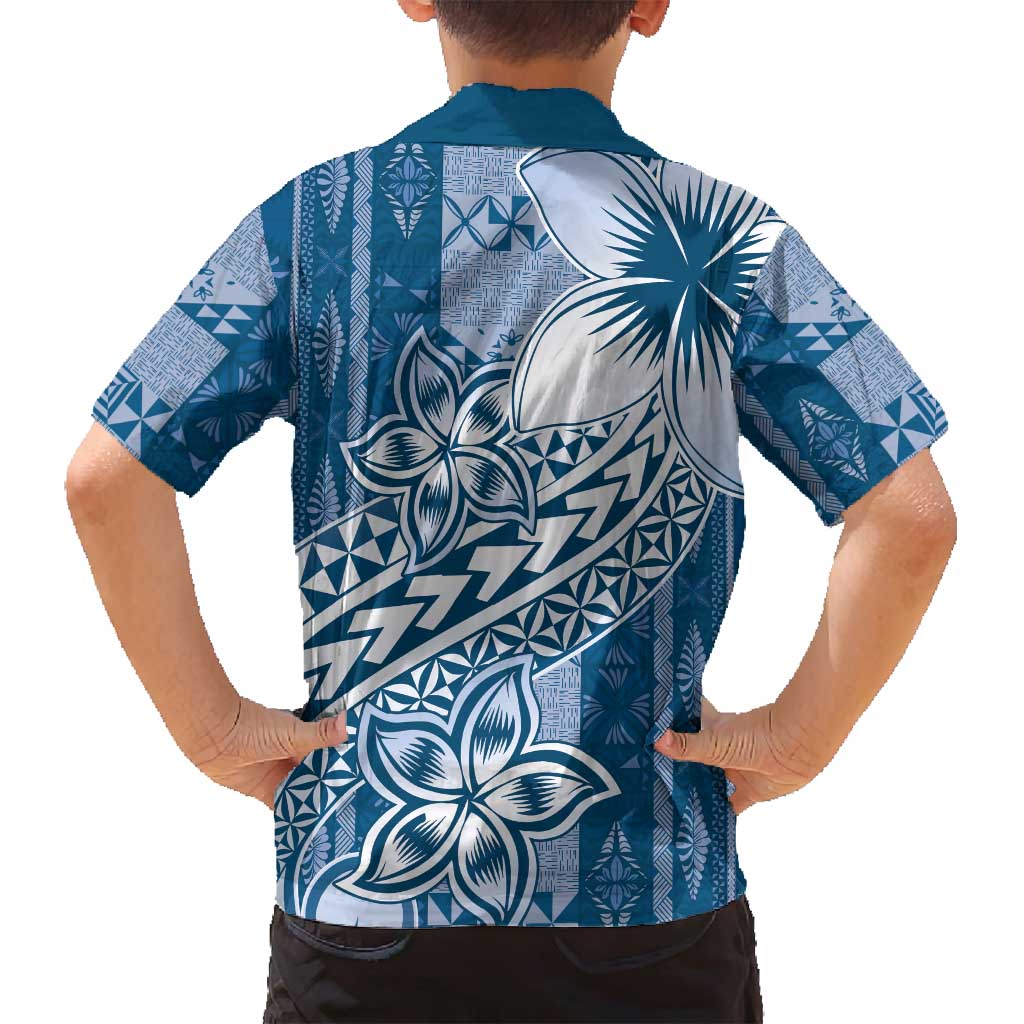 Tonga Kupesi Ngatu Family Matching Off Shoulder Maxi Dress and Hawaiian Shirt Vintage Blue Plumeria LT05 - Polynesian Pride