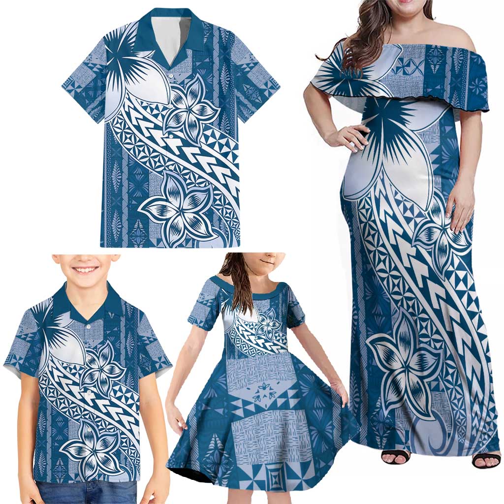 Tonga Kupesi Ngatu Family Matching Off Shoulder Maxi Dress and Hawaiian Shirt Vintage Blue Plumeria LT05 - Polynesian Pride