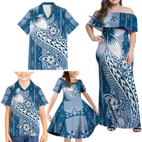 Tonga Kupesi Ngatu Family Matching Off Shoulder Maxi Dress and Hawaiian Shirt Vintage Blue Plumeria LT05 - Polynesian Pride