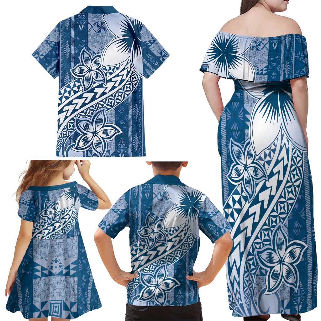 Tonga Kupesi Ngatu Family Matching Off Shoulder Maxi Dress and Hawaiian Shirt Vintage Blue Plumeria LT05 - Polynesian Pride