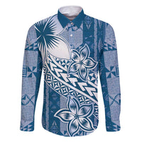 Tonga Kupesi Ngatu Family Matching Off Shoulder Maxi Dress and Hawaiian Shirt Vintage Blue Plumeria LT05 Dad's Shirt - Long Sleeve Blue - Polynesian Pride