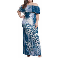 Tonga Kupesi Ngatu Family Matching Off Shoulder Maxi Dress and Hawaiian Shirt Vintage Blue Plumeria LT05 Mom's Dress Blue - Polynesian Pride