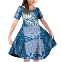 Tonga Kupesi Ngatu Family Matching Off Shoulder Short Dress and Hawaiian Shirt Vintage Blue Plumeria LT05 Daughter's Dress Blue - Polynesian Pride