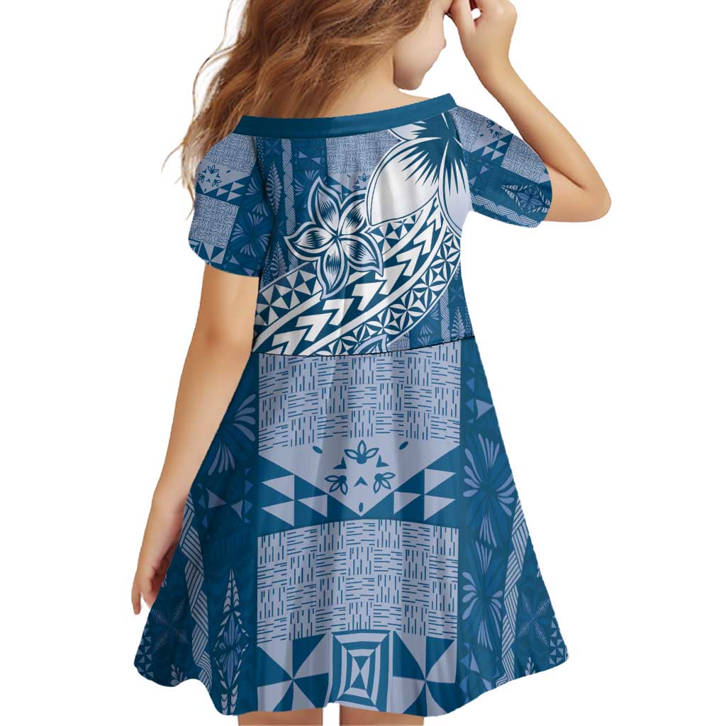 Tonga Kupesi Ngatu Family Matching Off Shoulder Short Dress and Hawaiian Shirt Vintage Blue Plumeria LT05 - Polynesian Pride