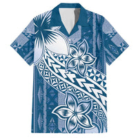 Tonga Kupesi Ngatu Family Matching Off Shoulder Short Dress and Hawaiian Shirt Vintage Blue Plumeria LT05 Dad's Shirt - Short Sleeve Blue - Polynesian Pride