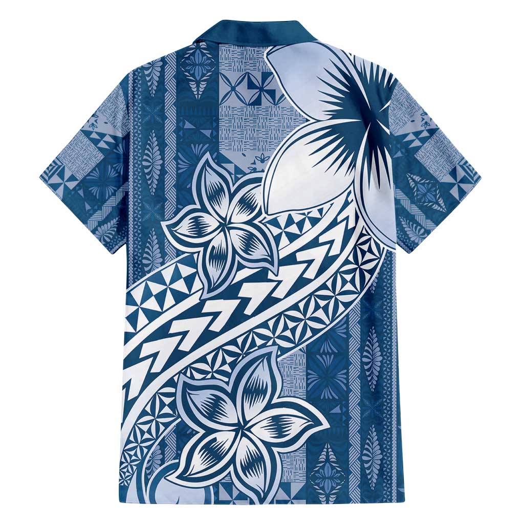 Tonga Kupesi Ngatu Family Matching Off Shoulder Short Dress and Hawaiian Shirt Vintage Blue Plumeria LT05 - Polynesian Pride