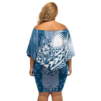 Tonga Kupesi Ngatu Family Matching Off Shoulder Short Dress and Hawaiian Shirt Vintage Blue Plumeria LT05 - Polynesian Pride