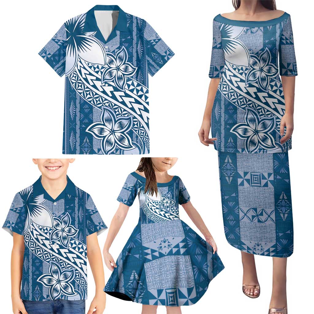 Tonga Kupesi Ngatu Family Matching Puletasi and Hawaiian Shirt Vintage Blue Plumeria