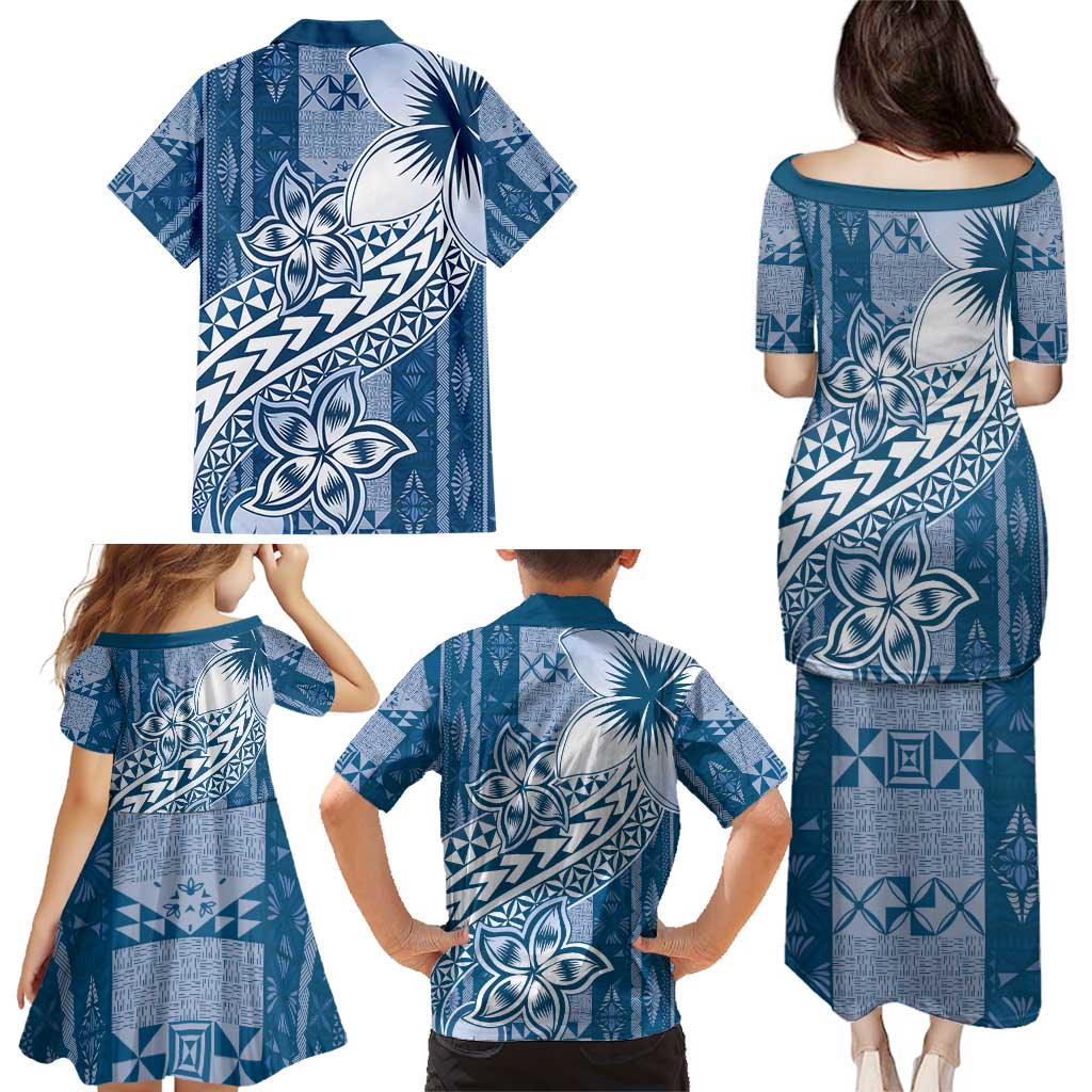 Tonga Kupesi Ngatu Family Matching Puletasi and Hawaiian Shirt Vintage Blue Plumeria