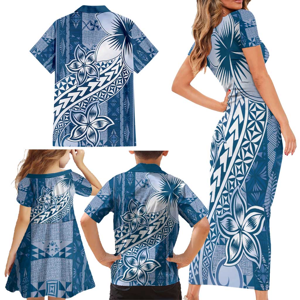 Tonga Kupesi Ngatu Family Matching Short Sleeve Bodycon Dress and Hawaiian Shirt Vintage Blue Plumeria LT05 - Polynesian Pride