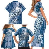 Tonga Kupesi Ngatu Family Matching Short Sleeve Bodycon Dress and Hawaiian Shirt Vintage Blue Plumeria LT05 - Polynesian Pride