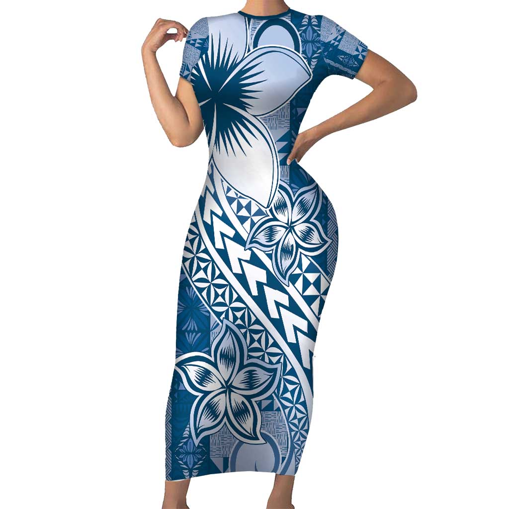 Tonga Kupesi Ngatu Family Matching Short Sleeve Bodycon Dress and Hawaiian Shirt Vintage Blue Plumeria LT05 Mom's Dress Blue - Polynesian Pride