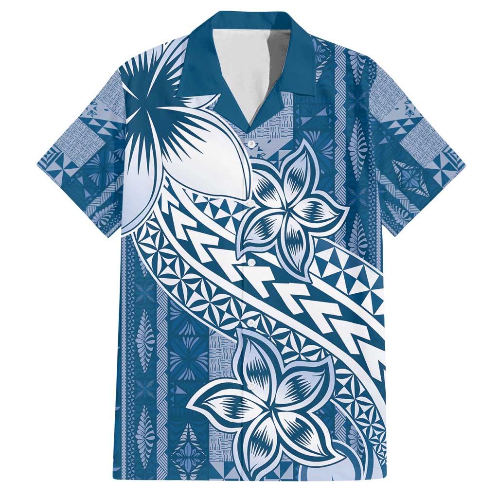 Tonga Kupesi Ngatu Family Matching Summer Maxi Dress and Hawaiian Shirt Vintage Blue Plumeria