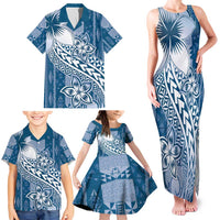 Tonga Kupesi Ngatu Family Matching Tank Maxi Dress and Hawaiian Shirt Vintage Blue Plumeria LT05 - Polynesian Pride
