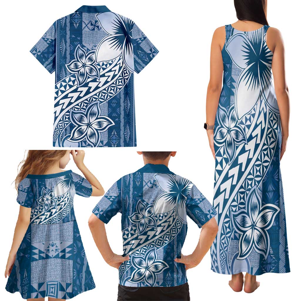 Tonga Kupesi Ngatu Family Matching Tank Maxi Dress and Hawaiian Shirt Vintage Blue Plumeria LT05 - Polynesian Pride