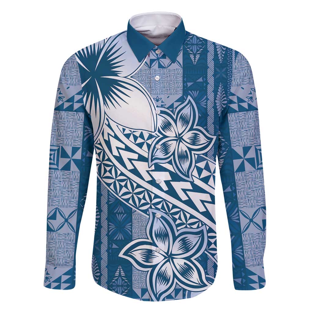 Tonga Kupesi Ngatu Family Matching Tank Maxi Dress and Hawaiian Shirt Vintage Blue Plumeria LT05 Dad's Shirt - Long Sleeve Blue - Polynesian Pride