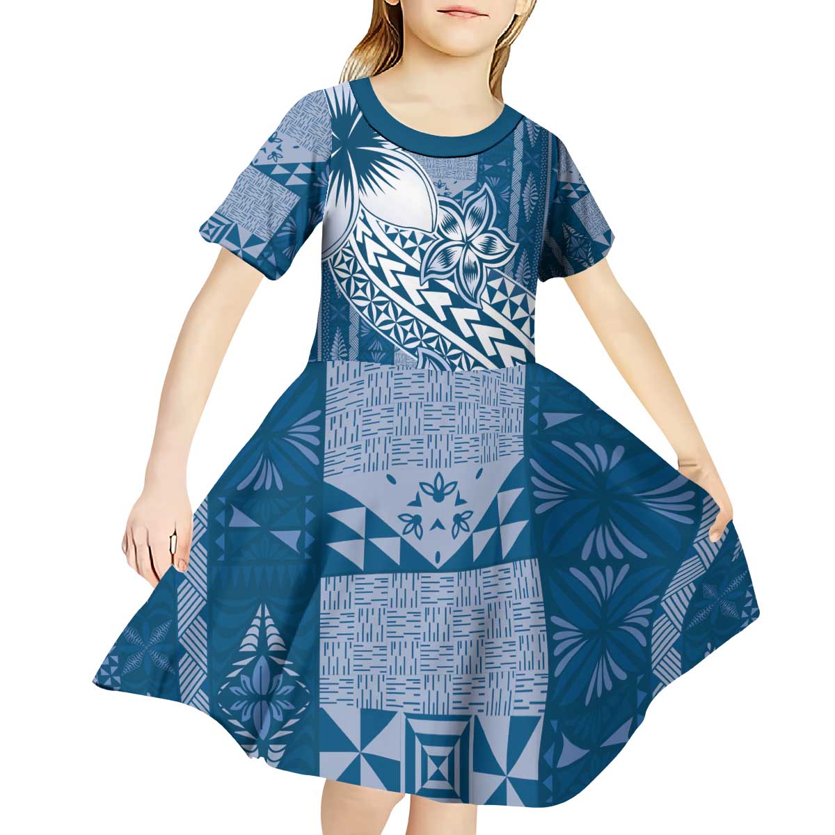 Tonga Kupesi Ngatu Kid Short Sleeve Dress Vintage Blue Plumeria