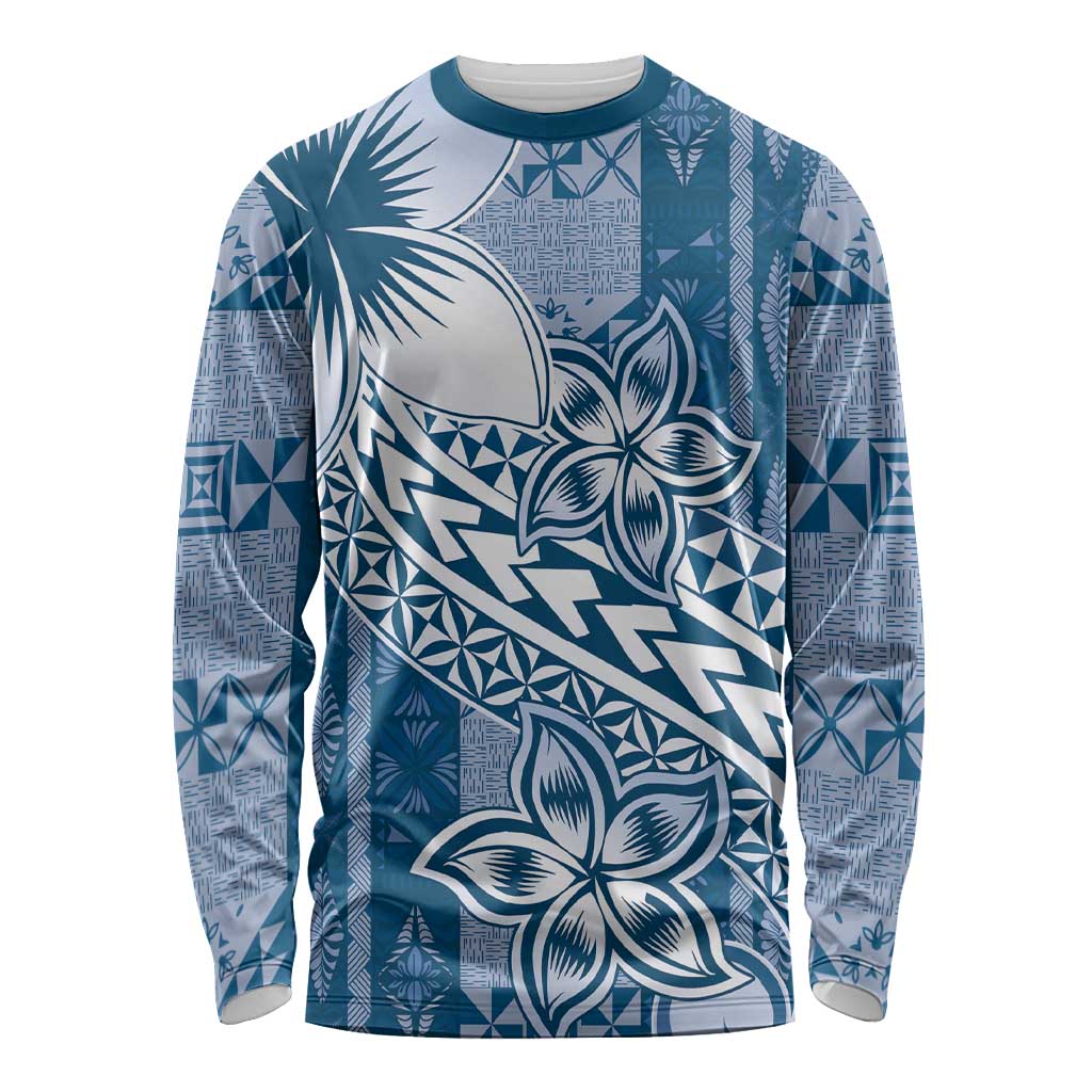 Tonga Kupesi Ngatu Long Sleeve Shirt Vintage Blue Plumeria