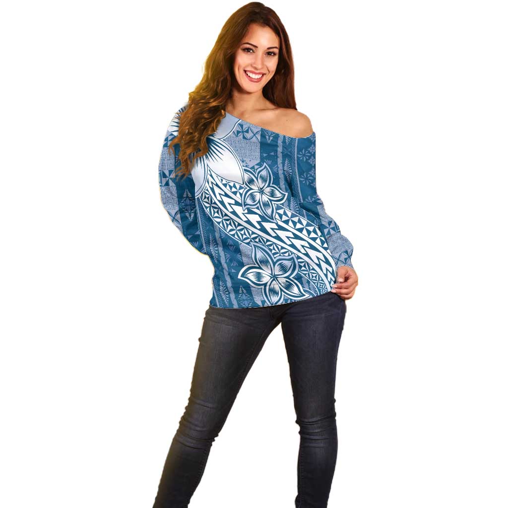 Tonga Kupesi Ngatu Off Shoulder Sweater Vintage Blue Plumeria