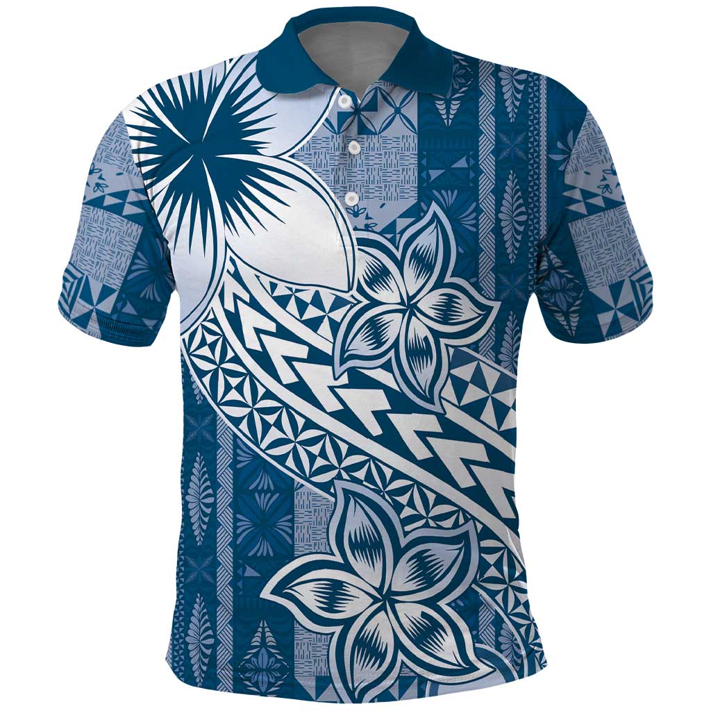 Tonga Kupesi Ngatu Polo Shirt Vintage Blue Plumeria
