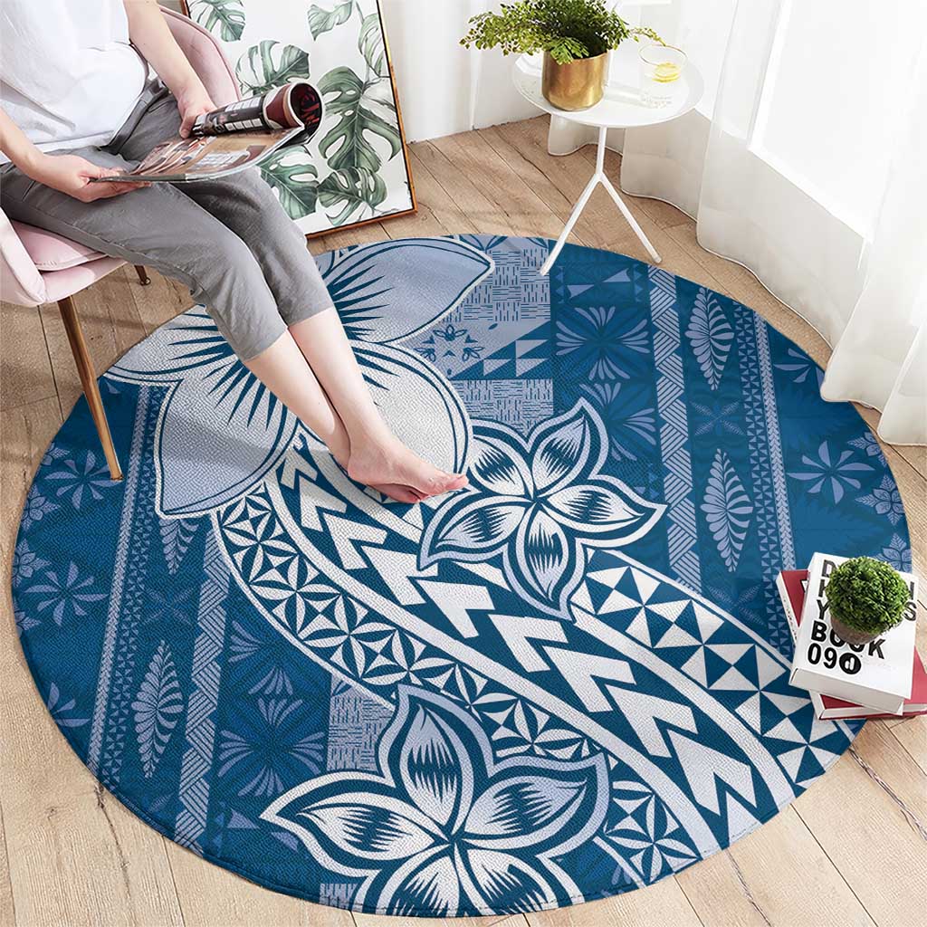 Tonga Kupesi Ngatu Round Carpet Vintage Blue Plumeria