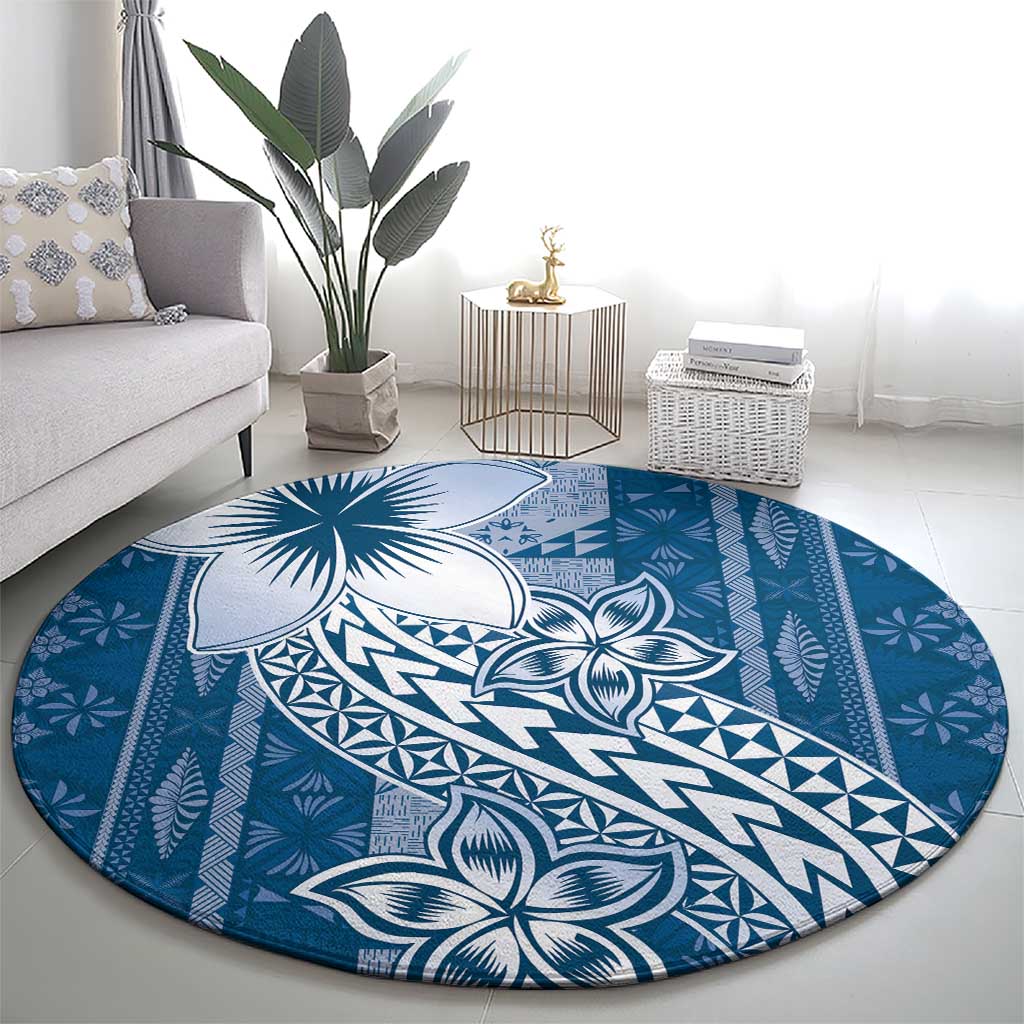 Tonga Kupesi Ngatu Round Carpet Vintage Blue Plumeria