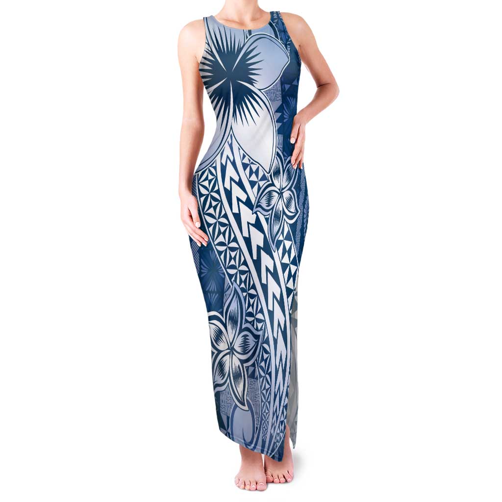 Tonga Kupesi Ngatu Tank Maxi Dress Vintage Blue Plumeria LT05 Women Blue - Polynesian Pride