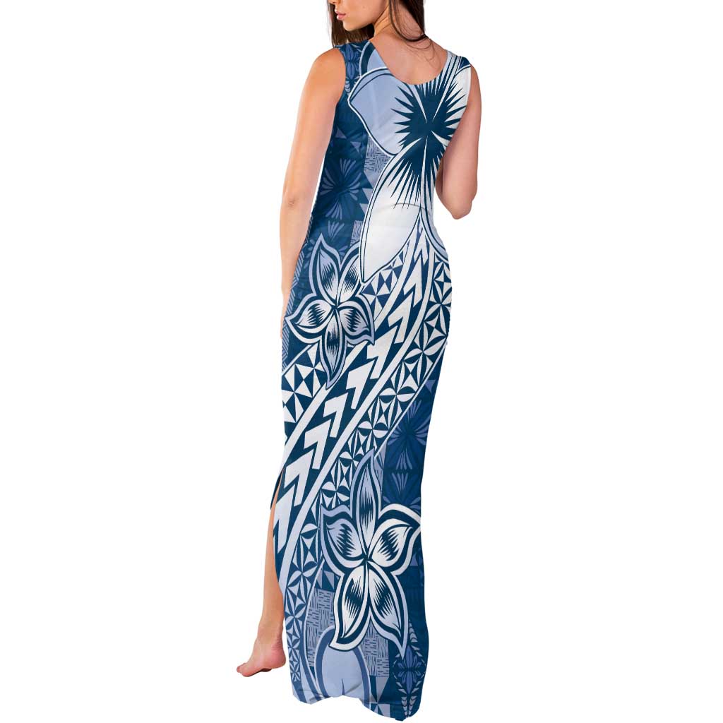 Tonga Kupesi Ngatu Tank Maxi Dress Vintage Blue Plumeria LT05 - Polynesian Pride