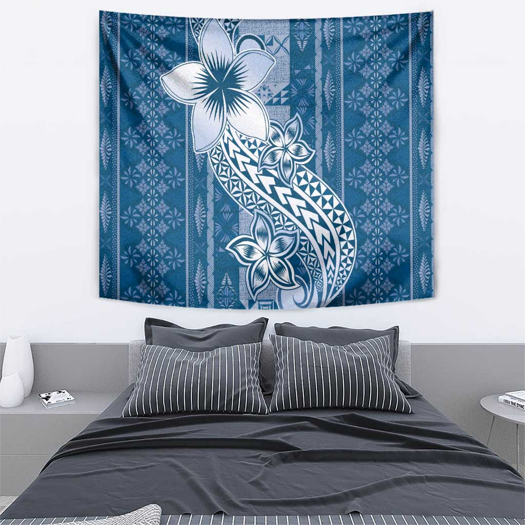 Tonga Kupesi Ngatu Tapestry Vintage Blue Plumeria