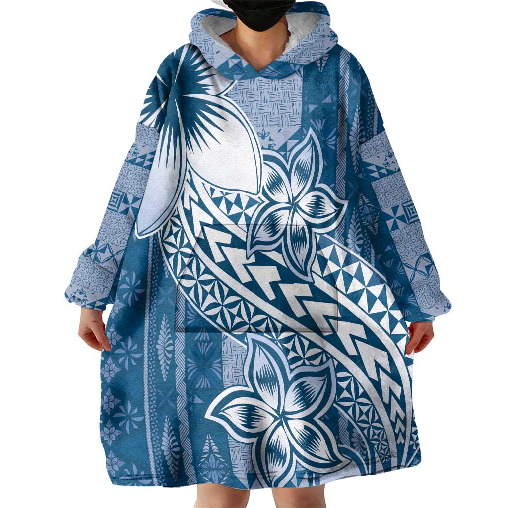 Tonga Kupesi Ngatu Wearable Blanket Hoodie Vintage Blue Plumeria LT05 - Polynesian Pride