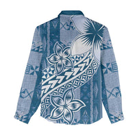Tonga Kupesi Ngatu Women Casual Shirt Vintage Blue Plumeria