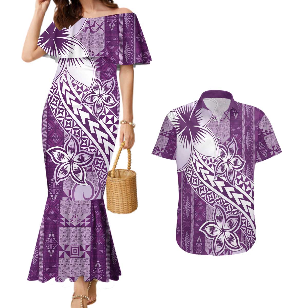 Tonga Kupesi Ngatu Couples Matching Mermaid Dress and Hawaiian Shirt Vintage Purple Plumeria
