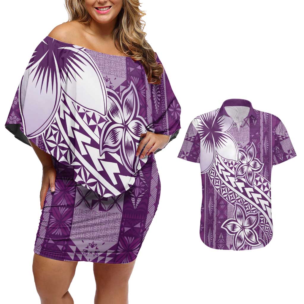 Tonga Kupesi Ngatu Couples Matching Off Shoulder Short Dress and Hawaiian Shirt Vintage Purple Plumeria LT05 Purple - Polynesian Pride