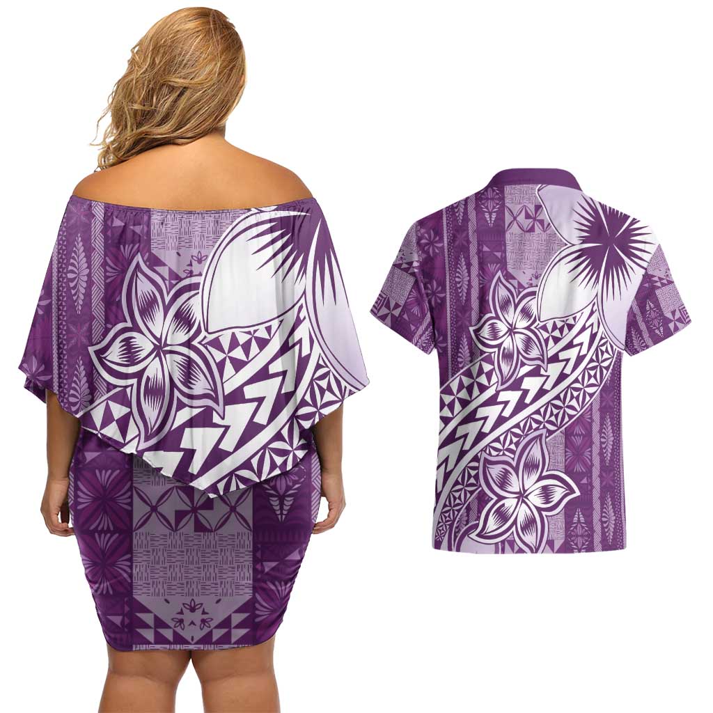 Tonga Kupesi Ngatu Couples Matching Off Shoulder Short Dress and Hawaiian Shirt Vintage Purple Plumeria LT05 - Polynesian Pride