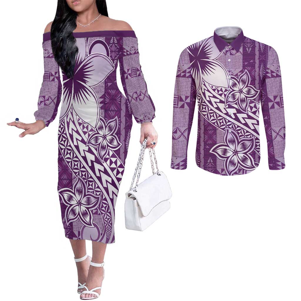 Tonga Kupesi Ngatu Couples Matching Off The Shoulder Long Sleeve Dress and Long Sleeve Button Shirt Vintage Purple Plumeria