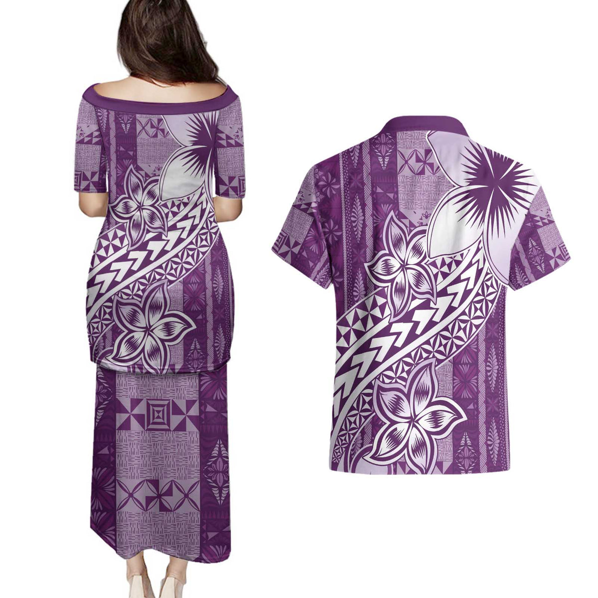 Tonga Kupesi Ngatu Couples Matching Puletasi and Hawaiian Shirt Vintage Purple Plumeria