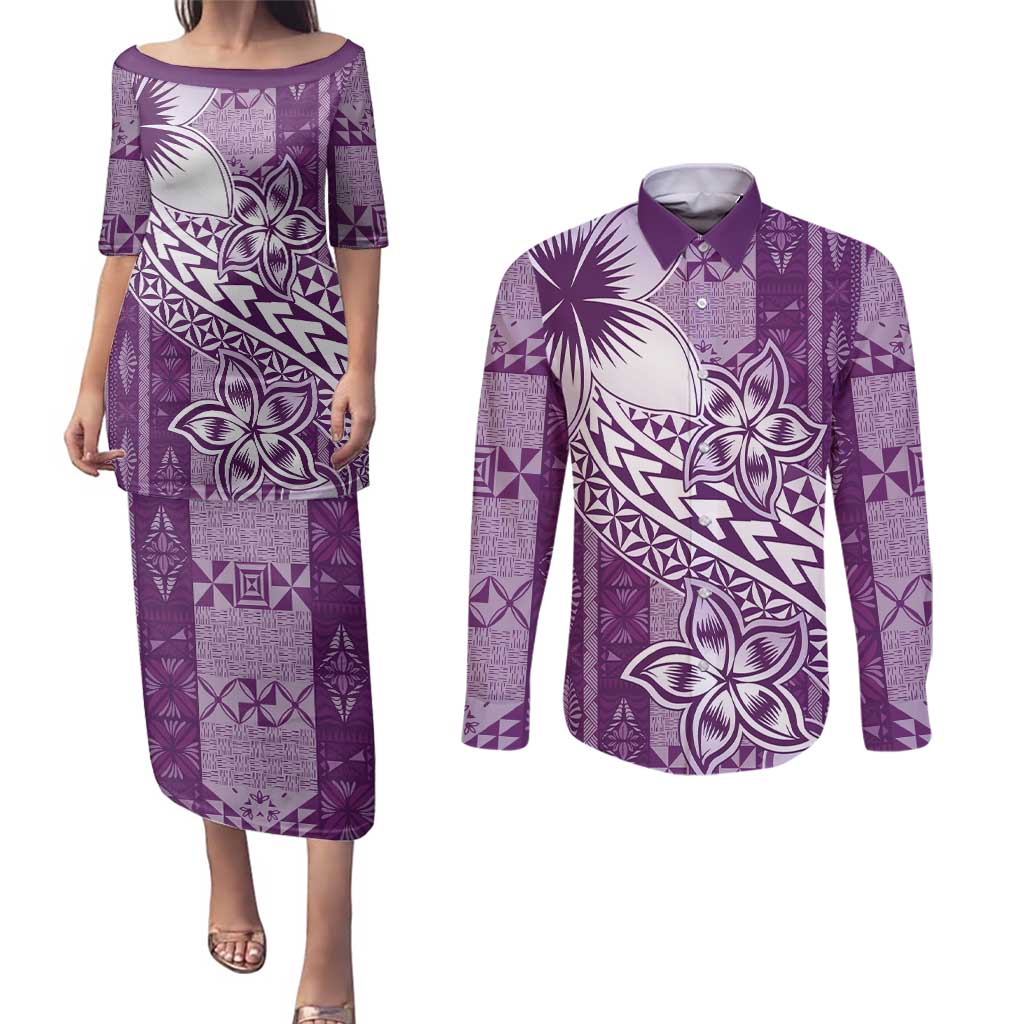 Tonga Kupesi Ngatu Couples Matching Puletasi and Long Sleeve Button Shirt Vintage Purple Plumeria