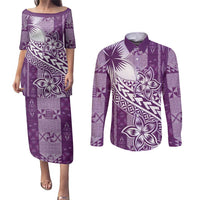 Tonga Kupesi Ngatu Couples Matching Puletasi and Long Sleeve Button Shirt Vintage Purple Plumeria