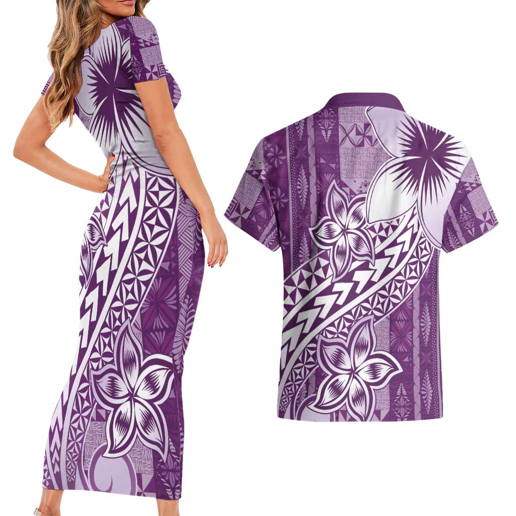 Tonga Kupesi Ngatu Couples Matching Short Sleeve Bodycon Dress and Hawaiian Shirt Vintage Purple Plumeria