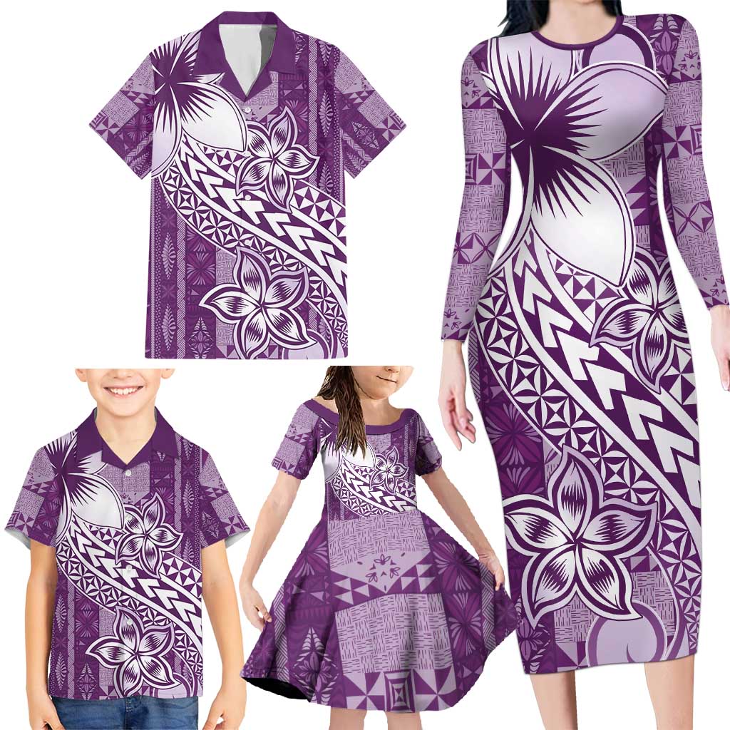 Tonga Kupesi Ngatu Family Matching Long Sleeve Bodycon Dress and Hawaiian Shirt Vintage Purple Plumeria LT05 - Polynesian Pride