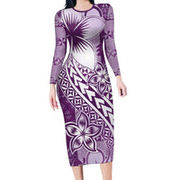 Tonga Kupesi Ngatu Family Matching Long Sleeve Bodycon Dress and Hawaiian Shirt Vintage Purple Plumeria LT05 Mom's Dress Purple - Polynesian Pride