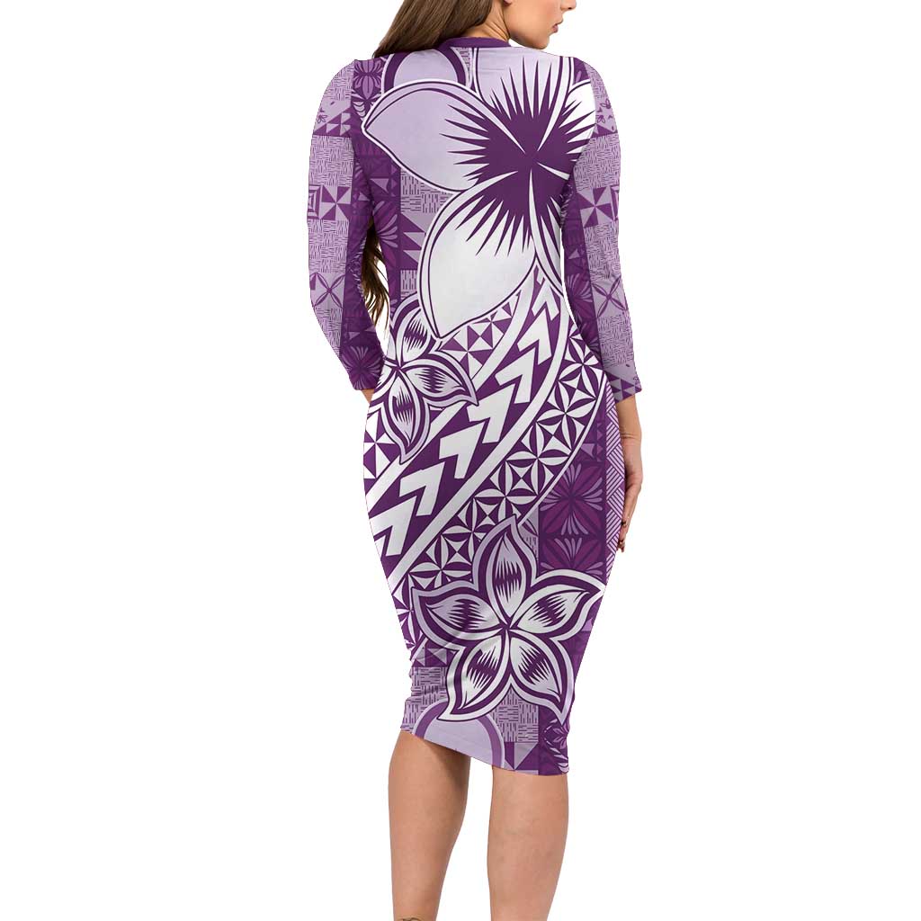 Tonga Kupesi Ngatu Family Matching Long Sleeve Bodycon Dress and Hawaiian Shirt Vintage Purple Plumeria LT05 - Polynesian Pride