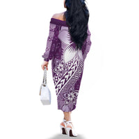 Tonga Kupesi Ngatu Family Matching Off The Shoulder Long Sleeve Dress and Hawaiian Shirt Vintage Purple Plumeria
