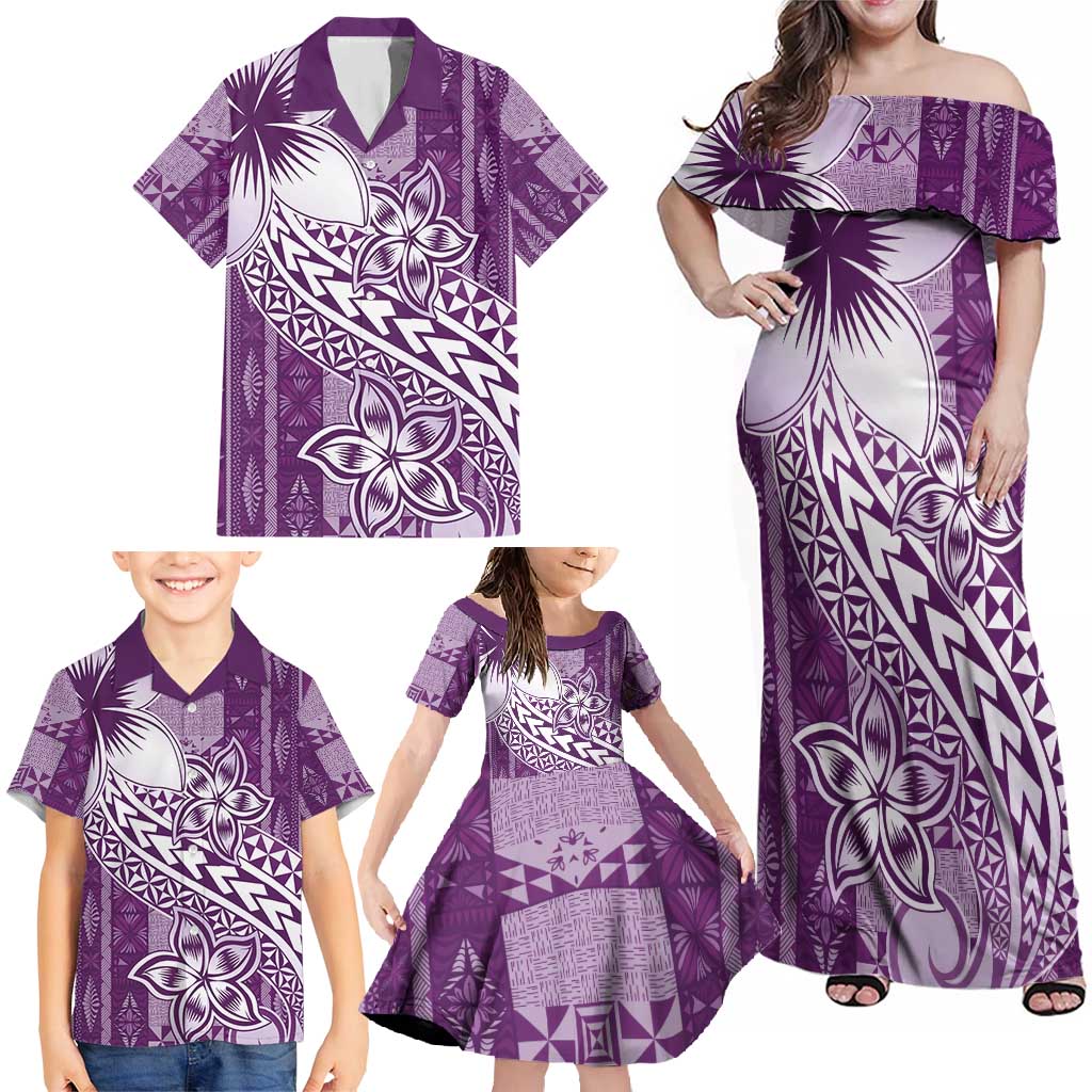 Tonga Kupesi Ngatu Family Matching Off Shoulder Maxi Dress and Hawaiian Shirt Vintage Purple Plumeria LT05 - Polynesian Pride