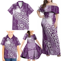 Tonga Kupesi Ngatu Family Matching Off Shoulder Maxi Dress and Hawaiian Shirt Vintage Purple Plumeria LT05 - Polynesian Pride